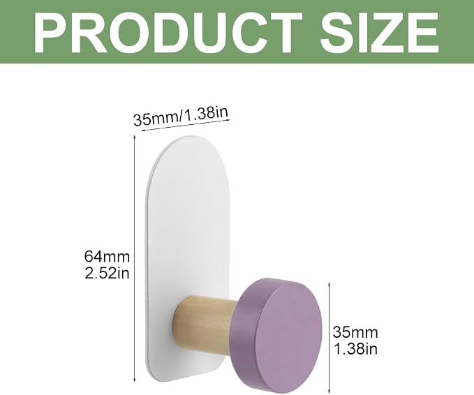 5 Pcs Self-Adhesive Wall Coat Hooks, Cute Wooden Sticky Clothes Hook Colorful - Image 2