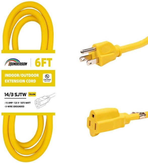 Indoor Outdoor Extension Cord Weatherproof, UL Certified, 14 Gauge 6FT Yellow 3 by HONDERSON