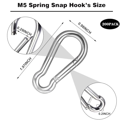 200 PCS 2'' Spring Snap Hook Carabiner, M5 3/16 Inch Galvanized Silver Steel - Image 2