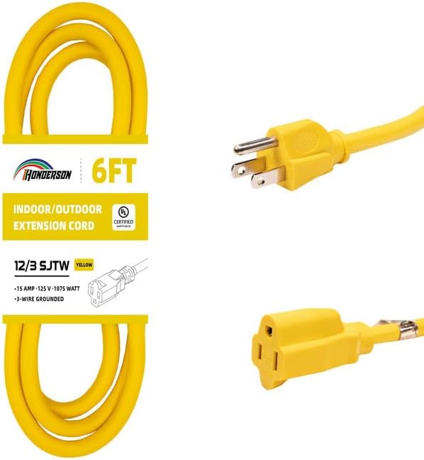 Indoor/Outdoor Extension Cord, 12 Gauge 6FT Yellow 3 Prong Heavy Duty, by HONDERSON