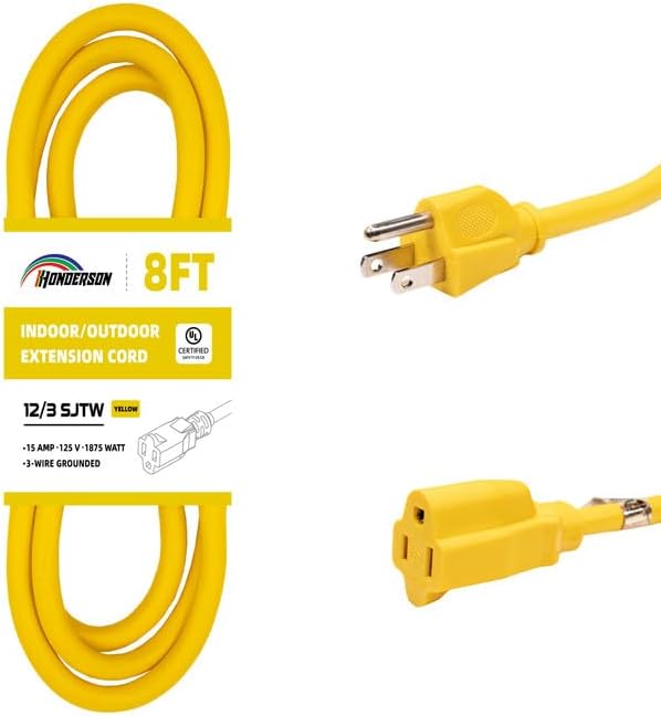 Indoor/Outdoor Extension Cord, 12 Gauge 8FT Yellow, 3 Prong Heavy Duty by HONDERSON