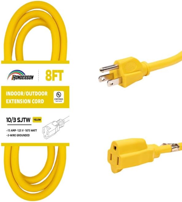 Indoor/Outdoor Extension Cord, 10 Gauge 8FT Yellow, 3 Prong Heavy Duty by HONDERSON