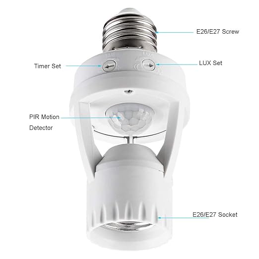 Motion Sensor Light Socket, PIR Motion E26 Screw Bulb Adapter, Adjustable Auto - Image 2