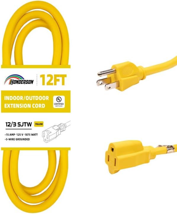Indoor Outdoor Extension Cord Weatherproof, UL Listed, 12 Gauge 12FT Yellow 3 by HONDERSON