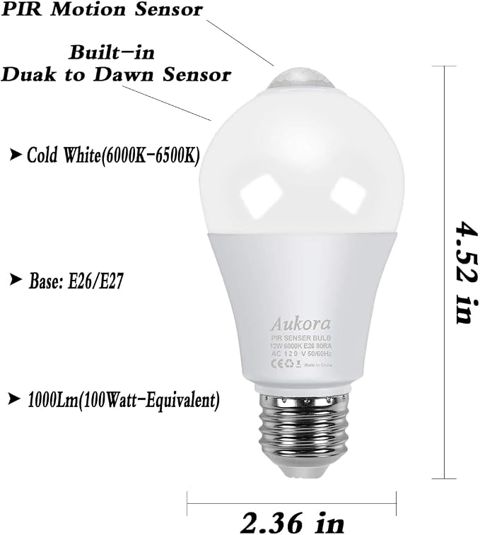 Motion Sensor Light Bulbs, Aukora 12W E26 Motion Activated Dusk to Dawn - Image 2