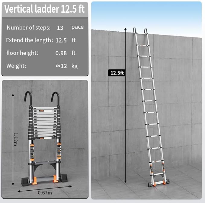 Telescoping Ladder, with Stable Hook and stabilizer barand, 12.5 FT Extension - Image 2