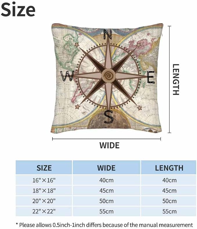 Nautical Compass Throw Pillow Covers 18x18 Historical World Map Earth - Image 6