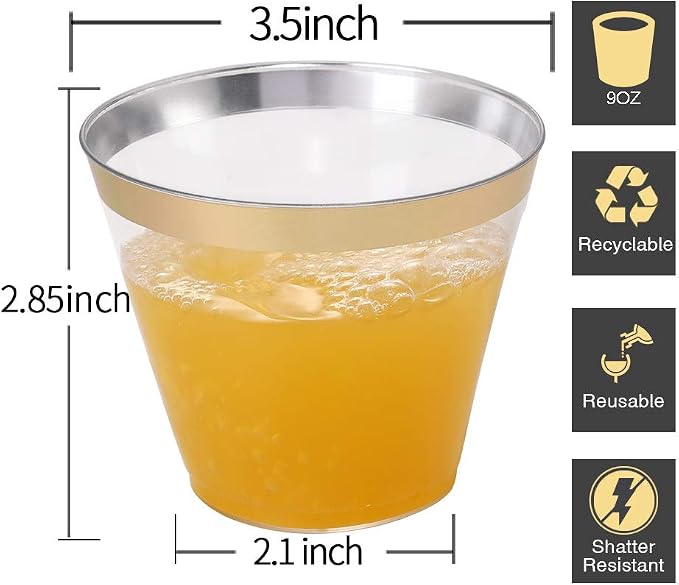I00000 200 Pack Gold Plastic Cups, 9 Oz Elegant Clear Plastic Cups Gold Rimmed - Image 2