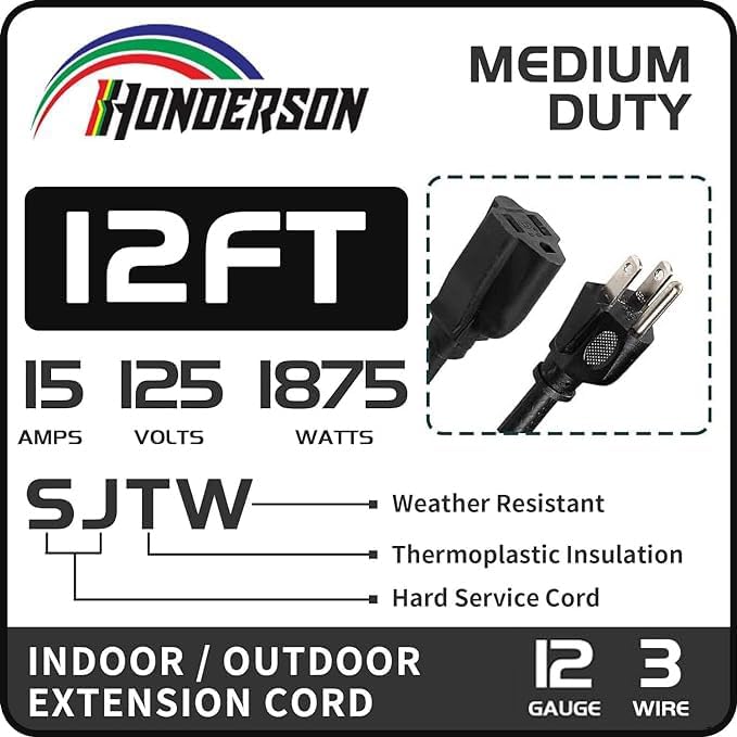 Indoor Outdoor Extension Cord Weatherproof, UL Certified, 12 Gauge 12FT Black 3 - Image 2