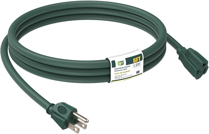 EP 6FT Green Outdoor Extension Cord, 16/3 SJTW Heavy Duty Waterproof, 3 Prong by ENERGYPRO
