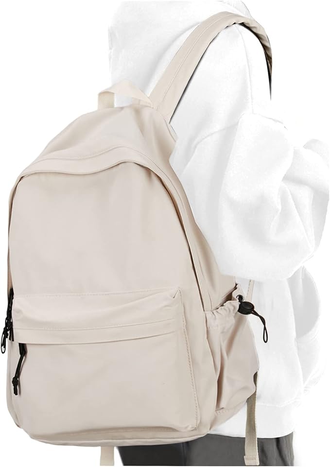 Beige School Backpack for Girls Water Resistant High School Book Bag Simple by PAUBACK