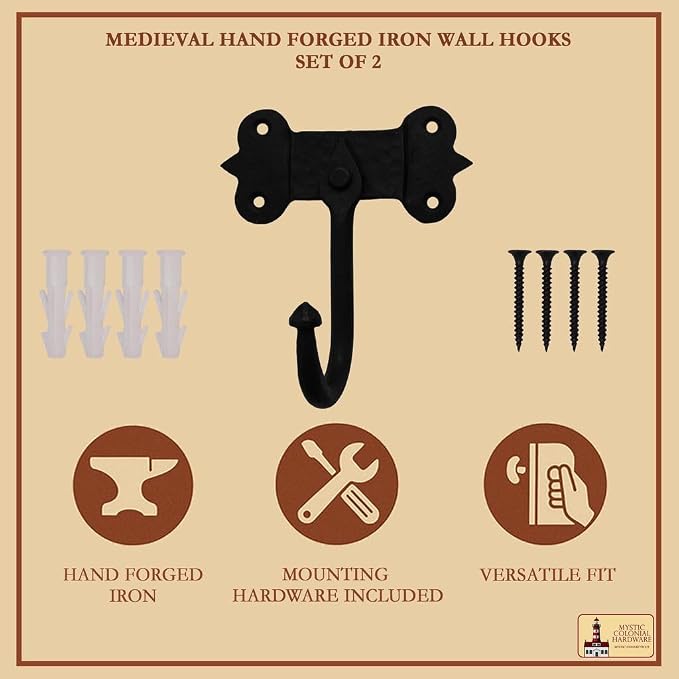 "Mystic Colonial Medieval Hand-Forged Iron Wall Hooks Set of 2 Rustic Coat - Image 7