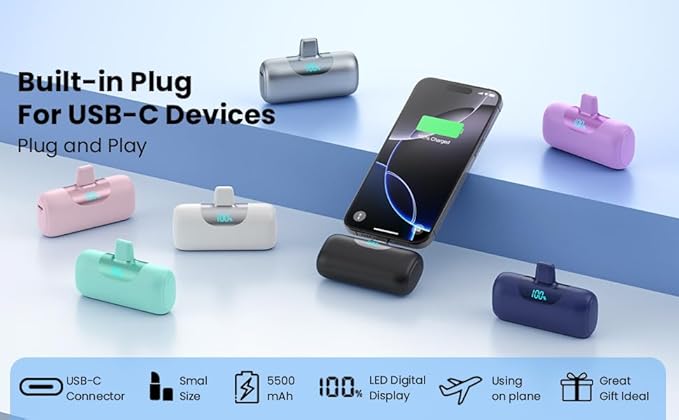 Mini Portable Charger for iPhone 17/16, 5500mAh LCD Display USB C Power Bank - Image 8
