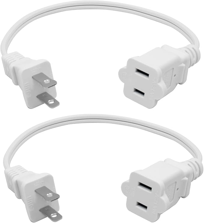 Short Extension Cord 1 FT, 2 Prong White, Mini Extension Cord US Male/Female by Yeatel