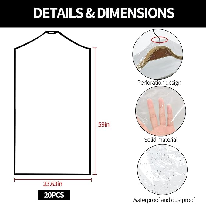 BEISHIDA 20PCS 60 Inch Plastic Garment Bag-Plastic Clear Dry Cleaner Laundry - Image 2