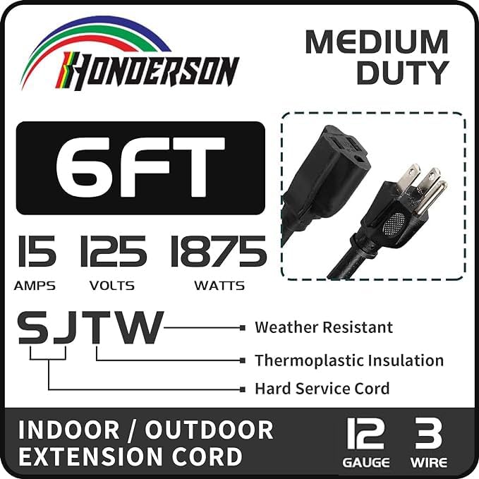 Indoor Outdoor Extension Cord Weatherproof, UL Certified, 12 Gauge 6FT Black 3 - Image 2