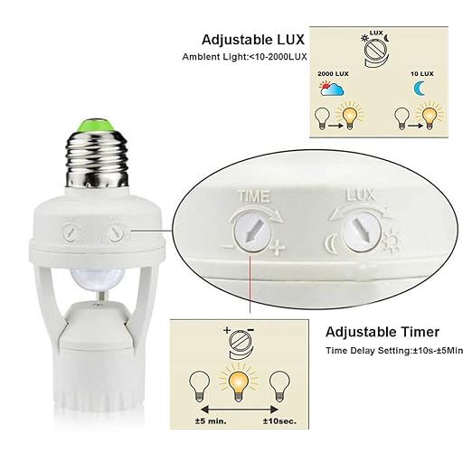 Motion Sensor Light Socket, PIR Motion E26 Screw Bulb Adapter, Adjustable Auto - Image 3