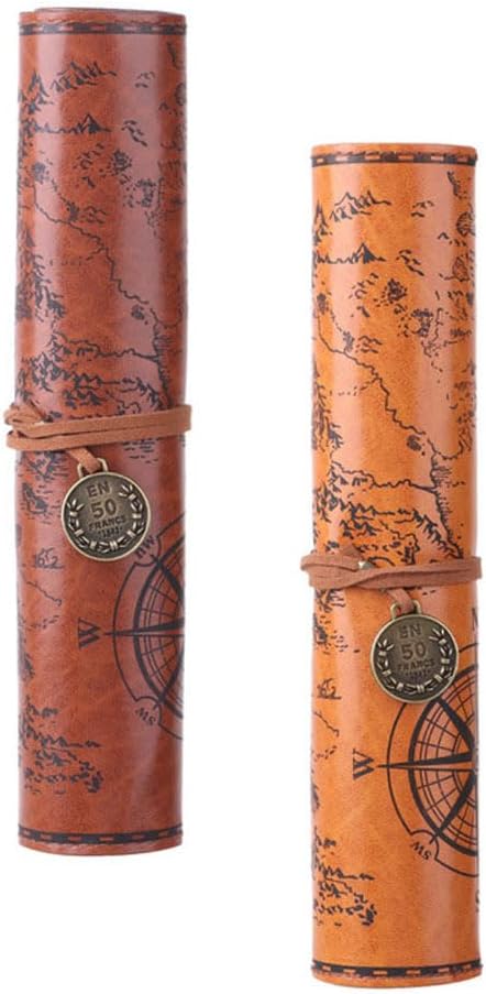 Cabilock Roll up Pencil Case Vintage Map Pu Leather Pencil Pouch Organizer by cabilock