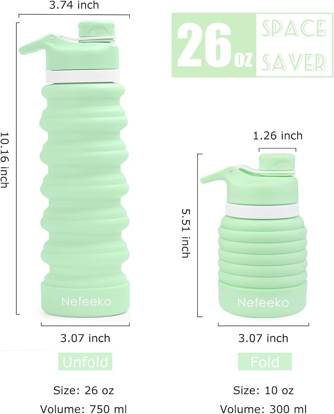 Nefeeko Collapsible Water Bottle, 26oz Silicone Foldable Water Bottles - Image 2