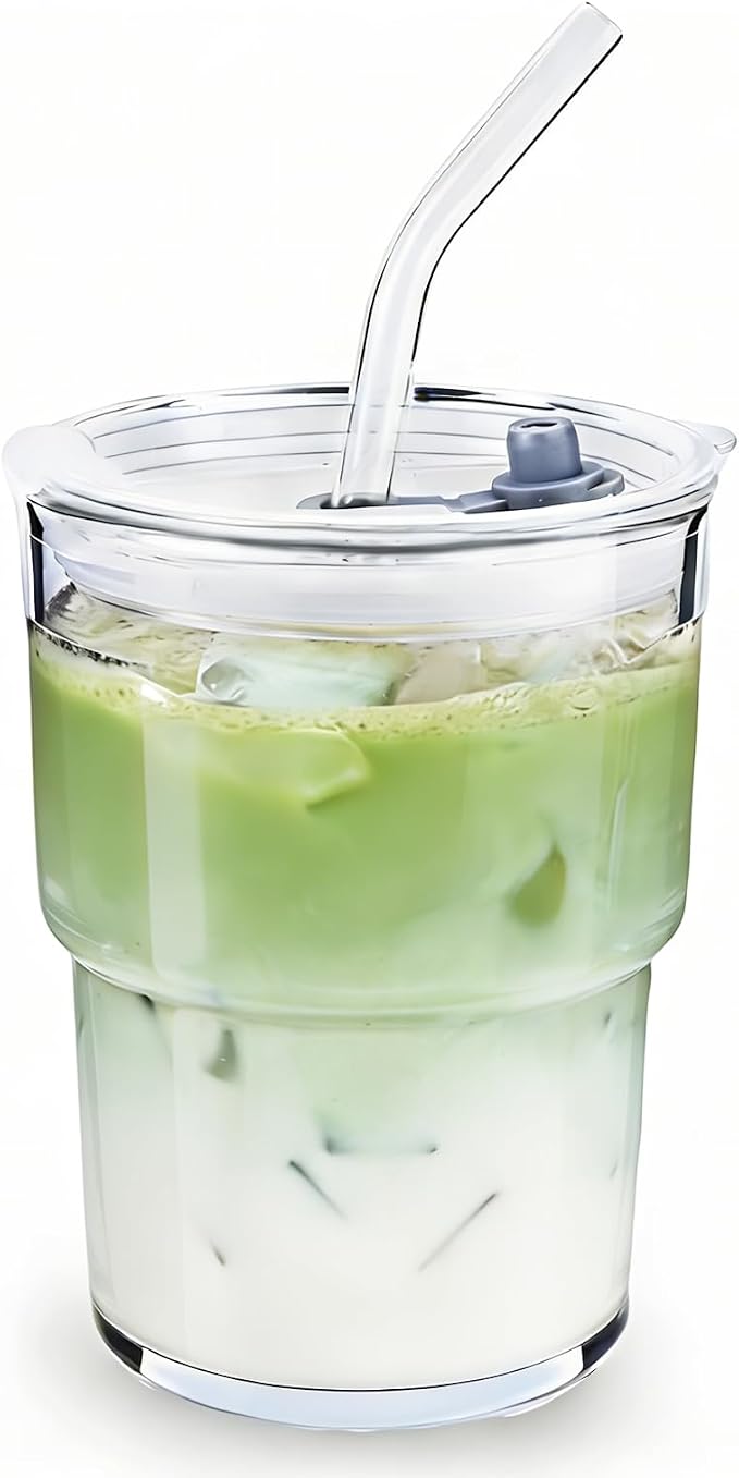 Glass Cups With Lids And Straws, Matcha Cup, Iced Coffee Cup, 13Oz/400ml Iced by WelcomeToColnic