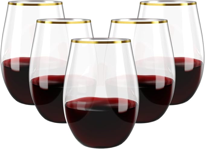 FOCUSLINE 20pcs 16 Oz Plastic Wine Glasses, Stemless Gold Rim, Heavy Duty by FOCUSLINE