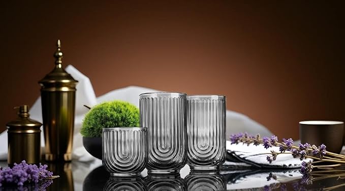 16 Piece Smoke Glassware Set, Art Deco Black Drinking Glasses, Ribbed U-Shape - Image 4