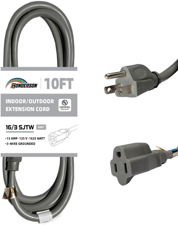 Indoor Outdoor Extension Cord Weatherproof, UL Listed, 16 Gauge 10FT Grey 3 by HONDERSON