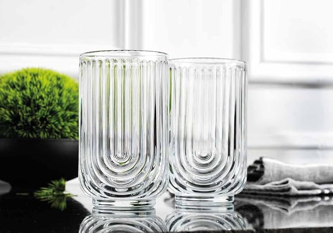 Glaver's Vintage Glassware Art Deco Glasse Ribbed Drinking Glasses U-Shape Arch - Image 4