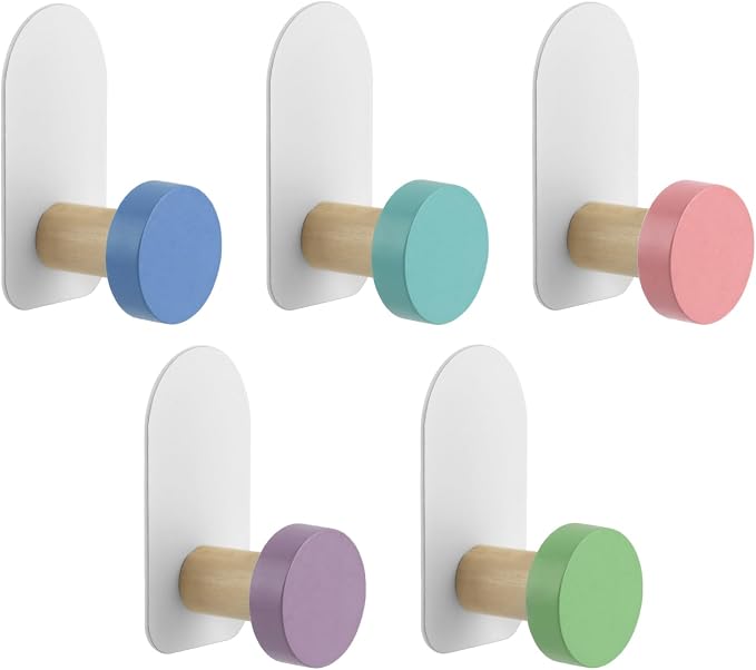 5 Pcs Self-Adhesive Wall Coat Hooks, Cute Wooden Sticky Clothes Hook Colorful - Image 9