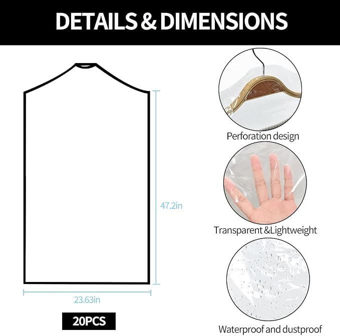 BEISHIDA 20PCS 47 Inch Plastic Garment Bag-Plastic Clear Dry Cleaner Laundry - Image 2