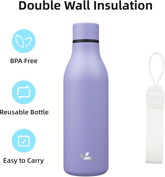 Insulated Water Bottle with Strap, 18 oz Double Wall Stainless Steel Vacuum - Image 3