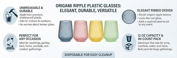 Oojami 40 Pack Origami Ribbed Stemless Plastic Wine Glasses 12 oz - Image 6