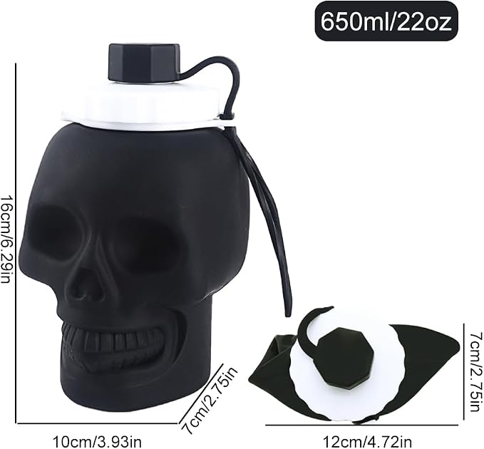 Collapsible Silicone Water Bottle 22oz/650ml, Skull Pattern Foldable Water - Image 2