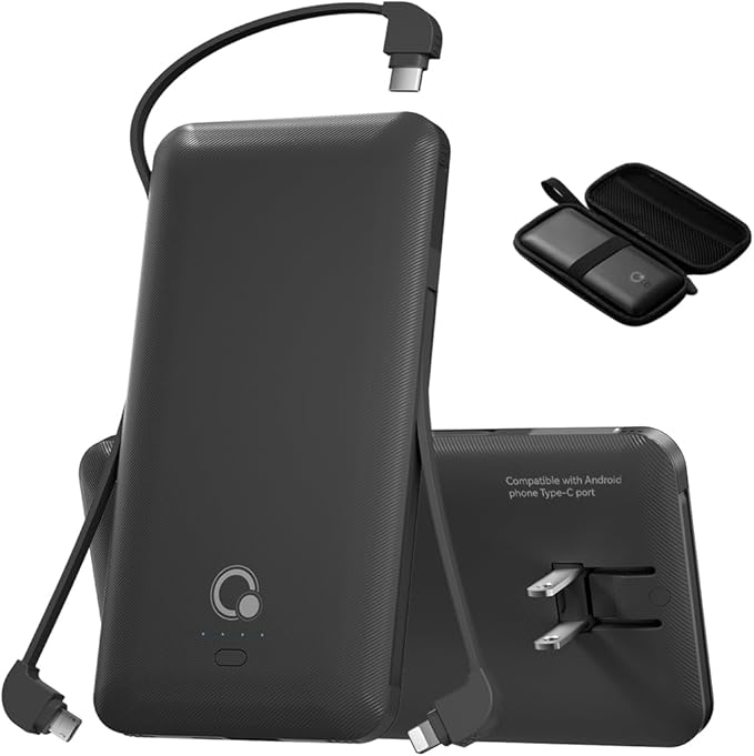 Brand Q Portable Charger with Built-in Cables and AC Wall Plug, Slim USB C by BrandQ