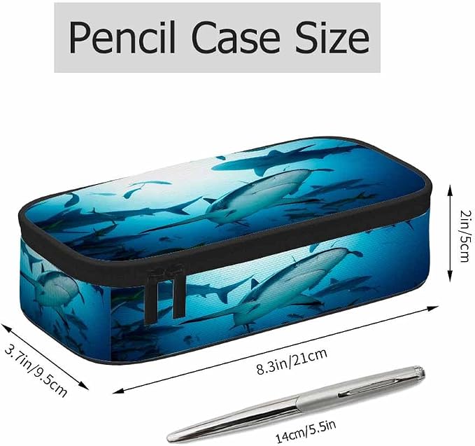Sharks Pencil Case Organizer Ocean Sea Fish Light Blue Stationery Box Makeup - Image 2