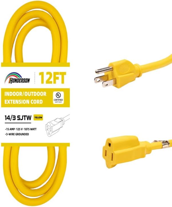 Indoor Outdoor Extension Cord Weatherproof, UL Certified, 14 Gauge 12FT Yellow by HONDERSON