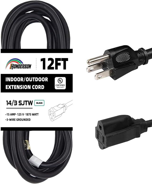 Indoor Outdoor Extension Cord Weatherproof, UL Certified, 14 Gauge 12FT Black 3 by HONDERSON