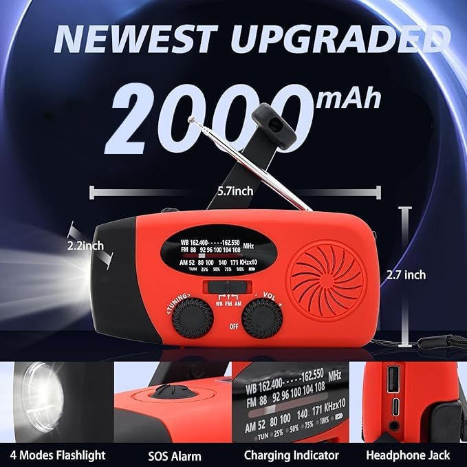 2000MAH Emergency Hand Crank Radio, Portable Survival Solar Radio AM FM NOAA - Image 3