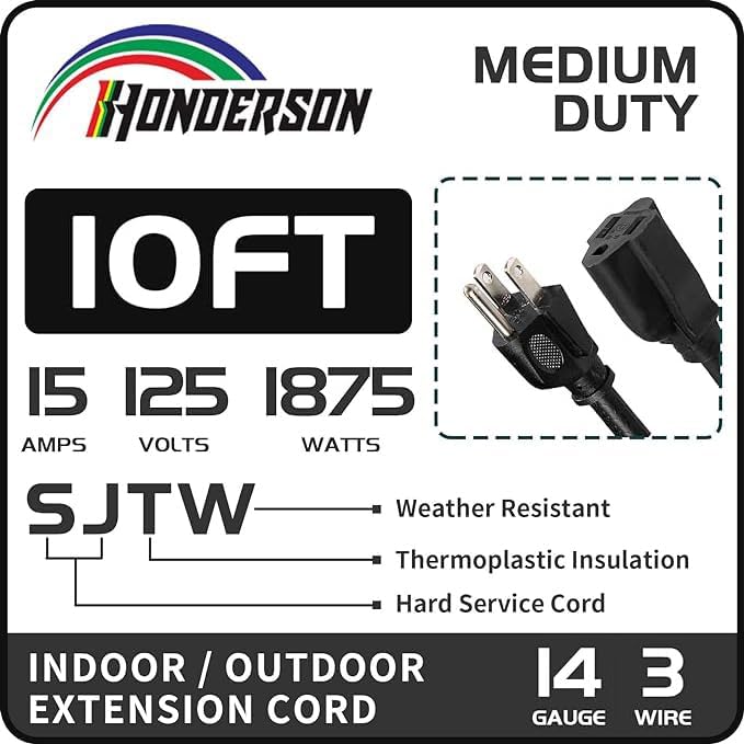 Indoor Outdoor Extension Cord Weatherproof, UL Certified, 14 Gauge 10FT Black 3 - Image 2
