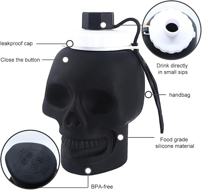 Collapsible Silicone Water Bottle 22oz/650ml, Skull Pattern Foldable Water - Image 5