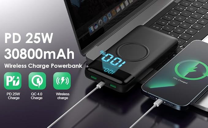 Wireless Portable Charger 30, 15W Wireless Charging USB C Power Bank, 25W PD QC - Image 7