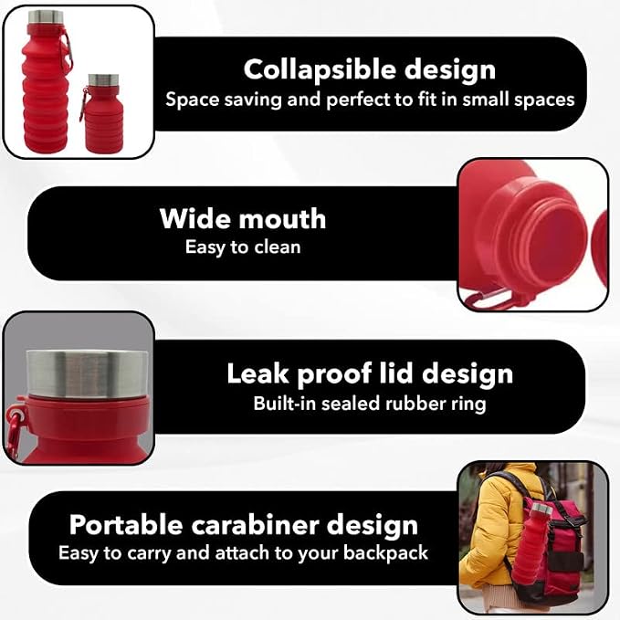Gadgetime USA Collapsible Water Bottle Reusable, BPA Free, Foldable Portable & - Image 3