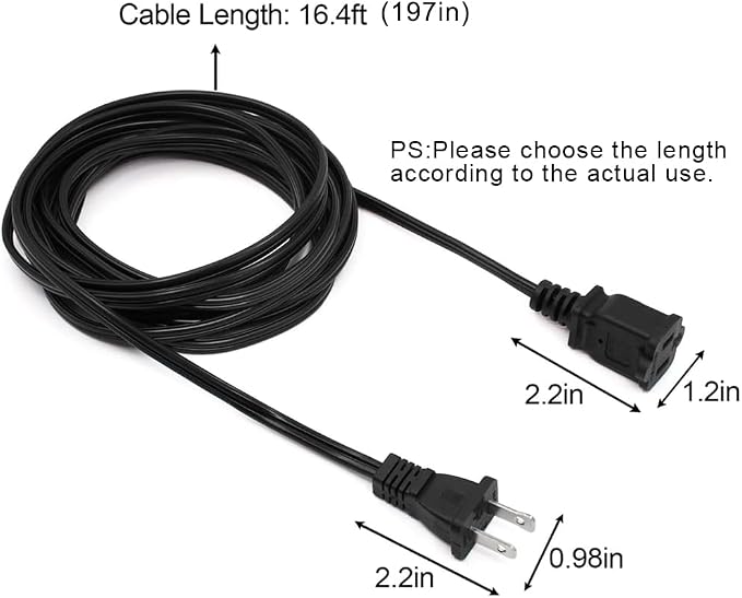 Long 2 Prong Extension Power Cord 16.5FT, Polarized Plug Flexible Power Cable - Image 4