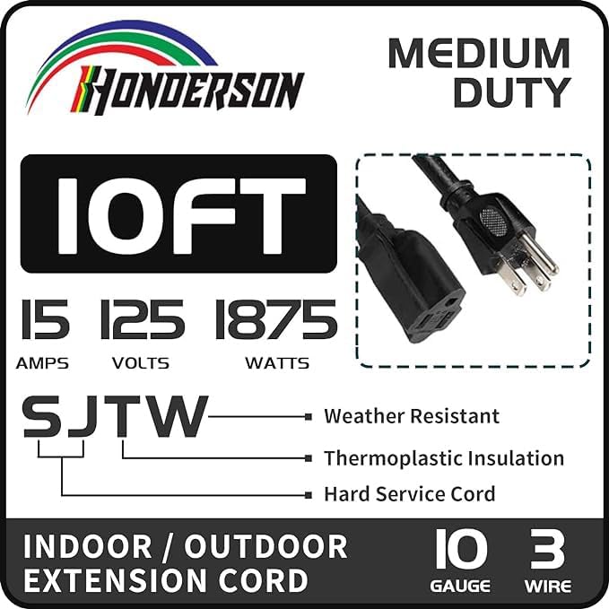 Indoor Outdoor Extension Cord Weatherproof, UL Certified, 10 Gauge 10FT Black 3 - Image 2