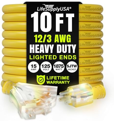 10ft Outdoor/Indoor Extension Cord 3-Outlet 12/3 Gauge Extra Heavy Duty 3 Prong by LifeSupplyUSA