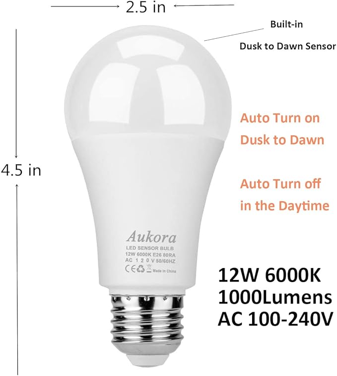 Aukora Dusk to Dawn Light Bulb, 12W Smart Sensor Light Bulbs Super Bright E26 - Image 2