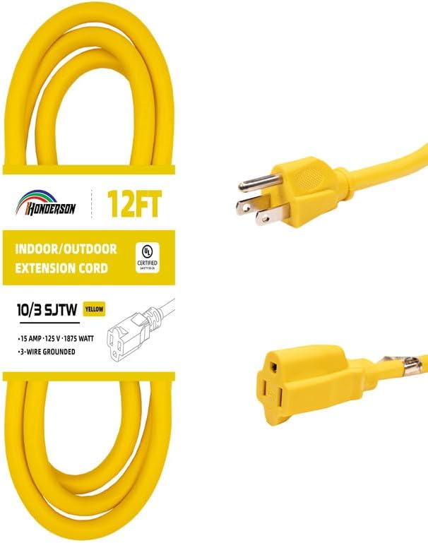 Indoor Outdoor Extension Cord Weatherproof, UL Certified, 10 Gauge 12FT Yellow by HONDERSON