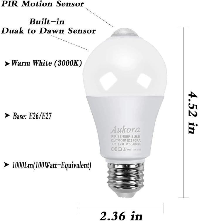 Aukora Motion Sensor Light Bulbs 4-Pack, 12W E26 Motion Activated Dusk to Dawn - Image 2