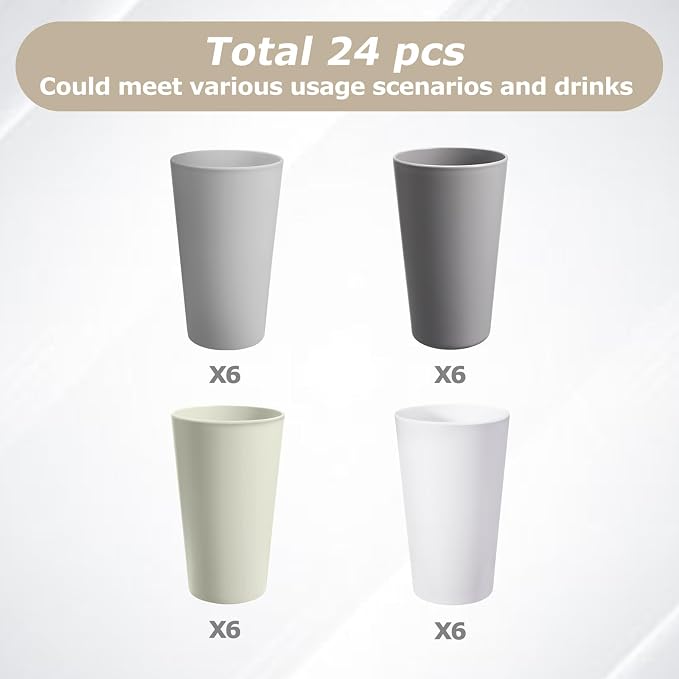 24 Pcs Unbreakable Plastic Cups Set, 20 oz Reusable Plastic Cups, Stackable - Image 3