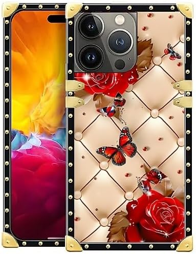 Compatible with iPhone 15 Pro Max Case, Shining Red Rose Butterfly Leather by Unknown
